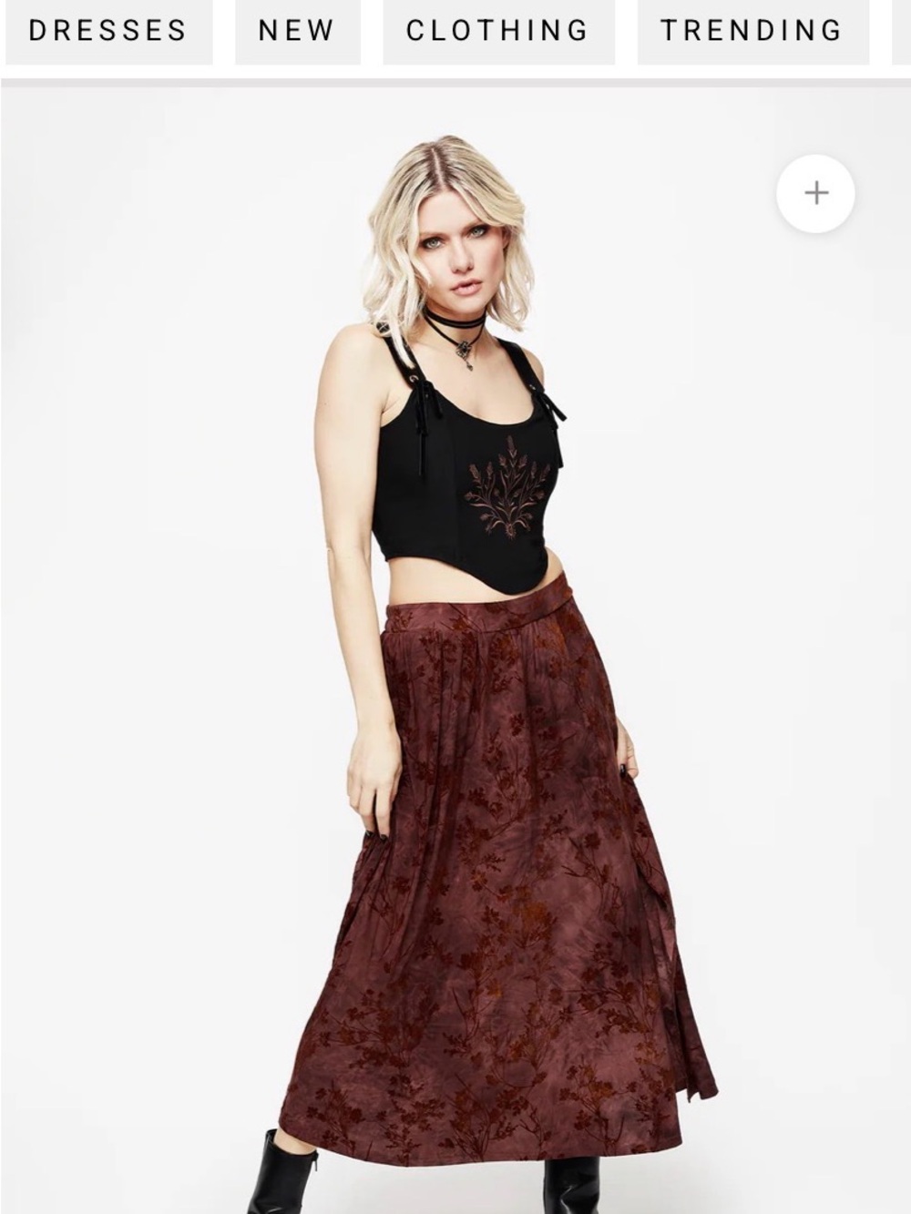 Disturbia Wytchelm Burgundy Floral Velvet Maxi Skirt with Side Slit - Picture 4 of 10
